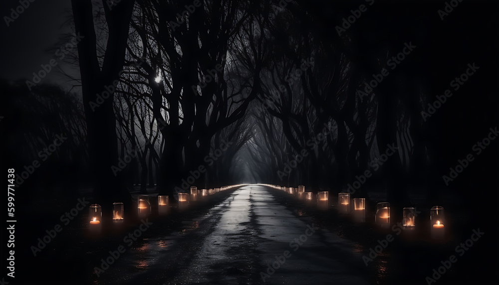 Black creepy Candlelight along dark road with tree side by side, generative ai