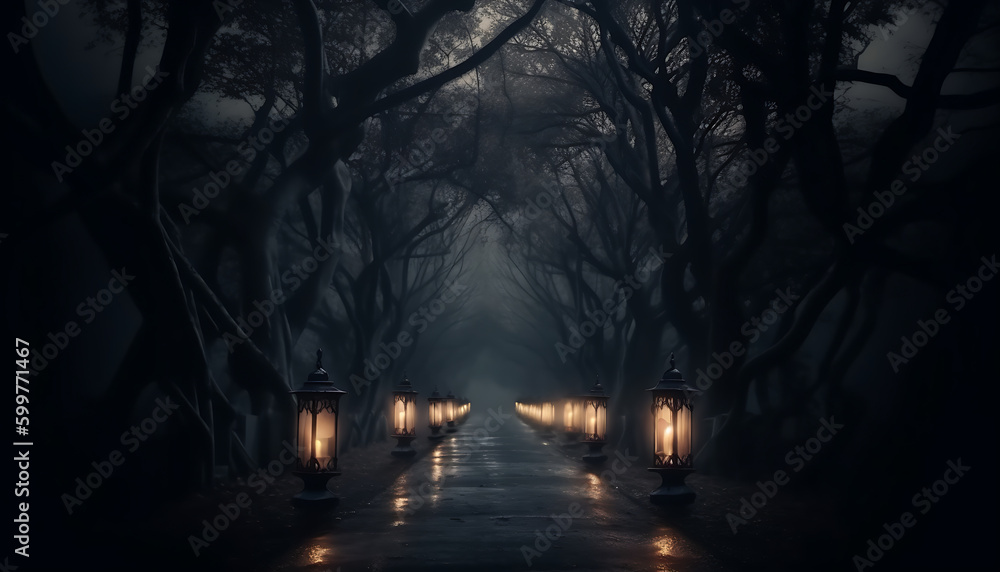 Fototapeta premium Black creepy Candlelight along dark road with tree side by side, generative ai