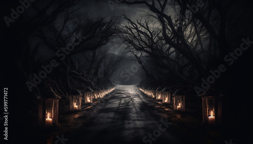 Black creepy Candlelight along dark road with tree side by side  generative ai