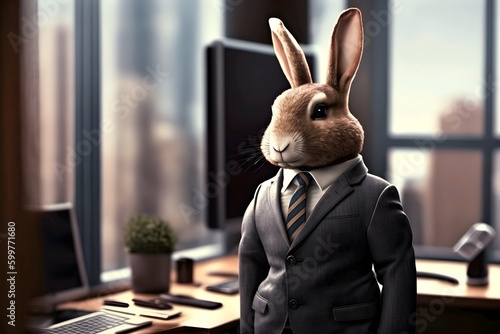 Rabbit businessman in suit and tie at the office. Generative AI illustration