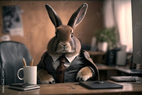 Bunny businessman in suit and tie at the office. Generative AI illustration