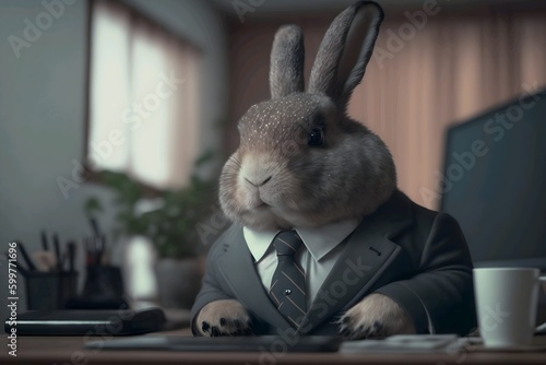 A bunny businessman in suit and tie at the office. Generative AI illustration