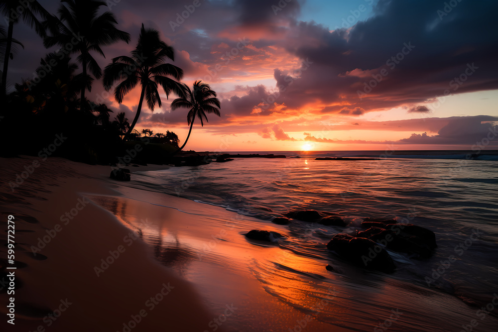 Golden Hour on Sandy Beach with Palm Trees - Romantic Sunset Landscape