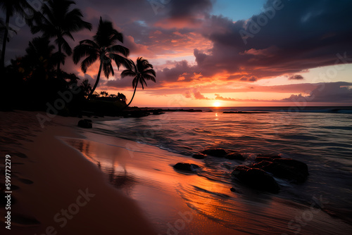 Golden Hour on Sandy Beach with Palm Trees - Romantic Sunset Landscape