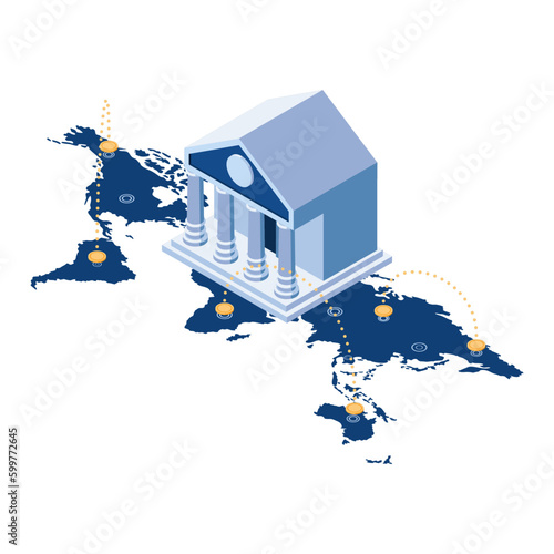Isometric Bank Building on World Map with Global Money Transfer