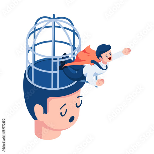 Isometric Businessman Breaking Cage on Head