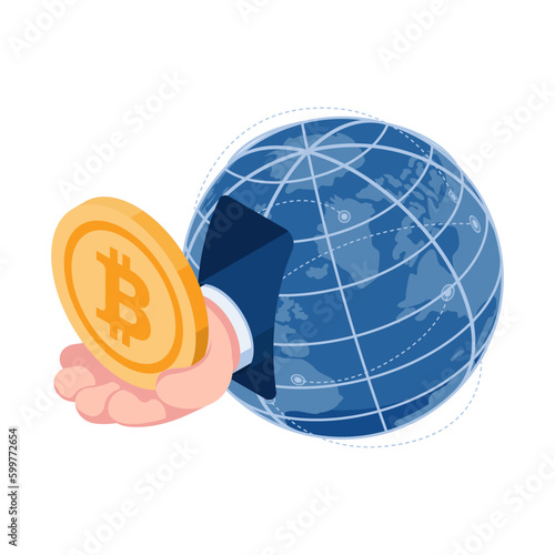 Isometric Hand with Bitcoin come out from The World