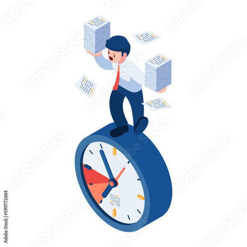 Isometric Businessman Balancing with Stack of Paperwork on Clock