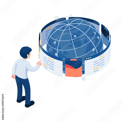 Isometric Businessman Surfing Webpage Around The World