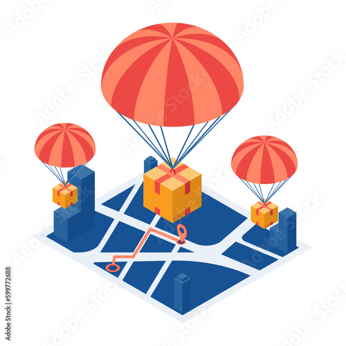 Isometric Parcel with Parachute Drop on City Map
