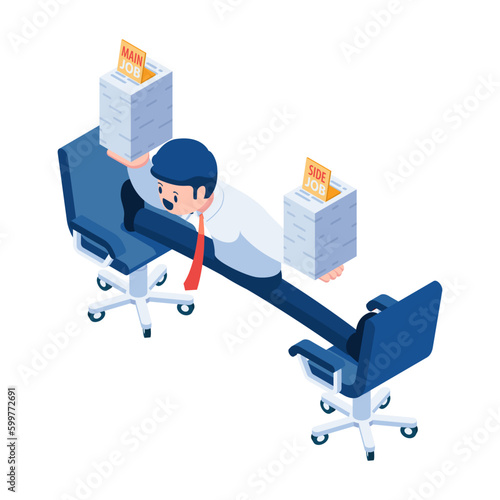 Isometric Businessman Balancing Between Main and Side Job photo