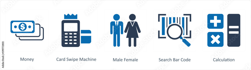 A set of 5 Business icons as money, card swipe machine, male female A set of 5 Business icons as money, card swipe machine, male female