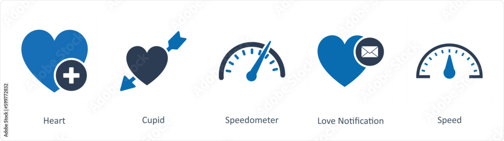 A set of 5 Business icons as heart, cupid, speedometer A set of 5 Business icons as heart, cupid, speedometer