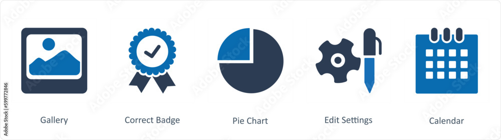A set of 5 Business icons as gallery, correct badge, pie chart A set of 5 Business icons as gallery, correct badge, pie chart