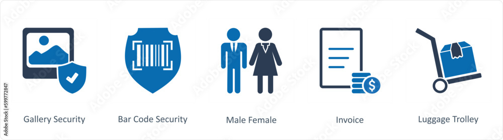 A set of 5 Business icons as gallery security, bar code security, male female A set of 5 Business icons as gallery security, bar code security, male female