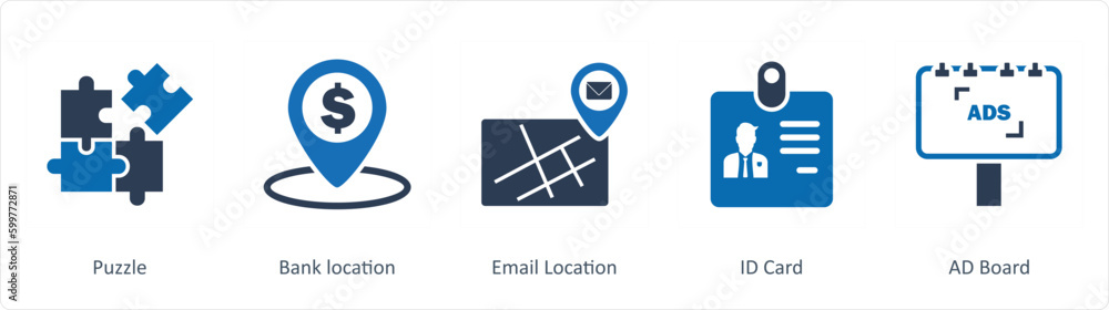 A set of 5 Business icons as puzzle, bank location, email location A set of 5 Business icons as puzzle, bank location, email location
