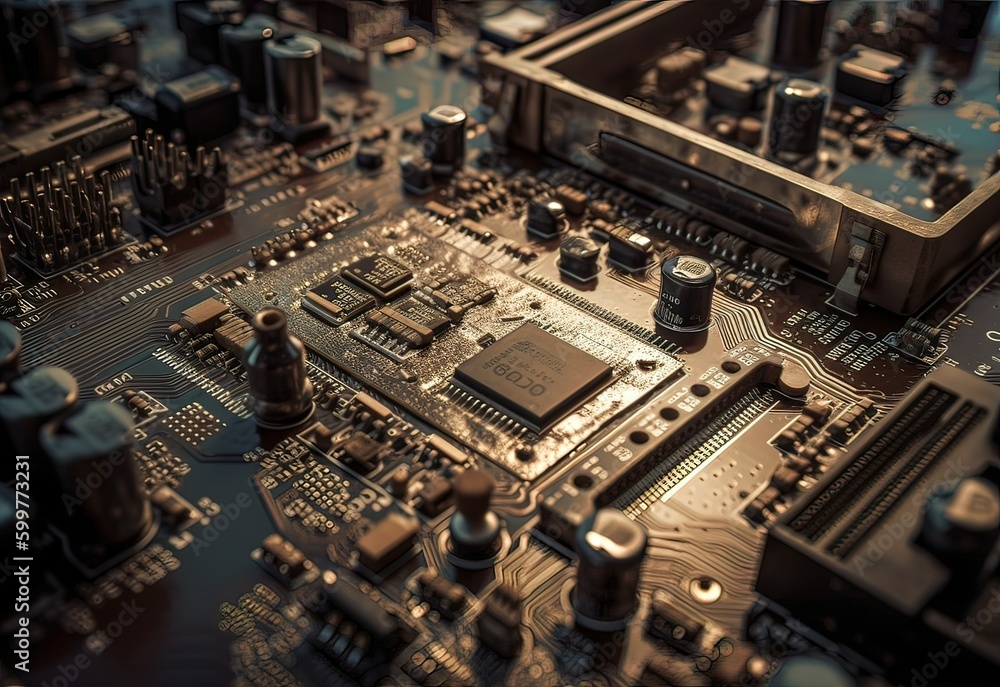 Close-up of old electronic circuit board. Technology and science background., Generative AI illustration