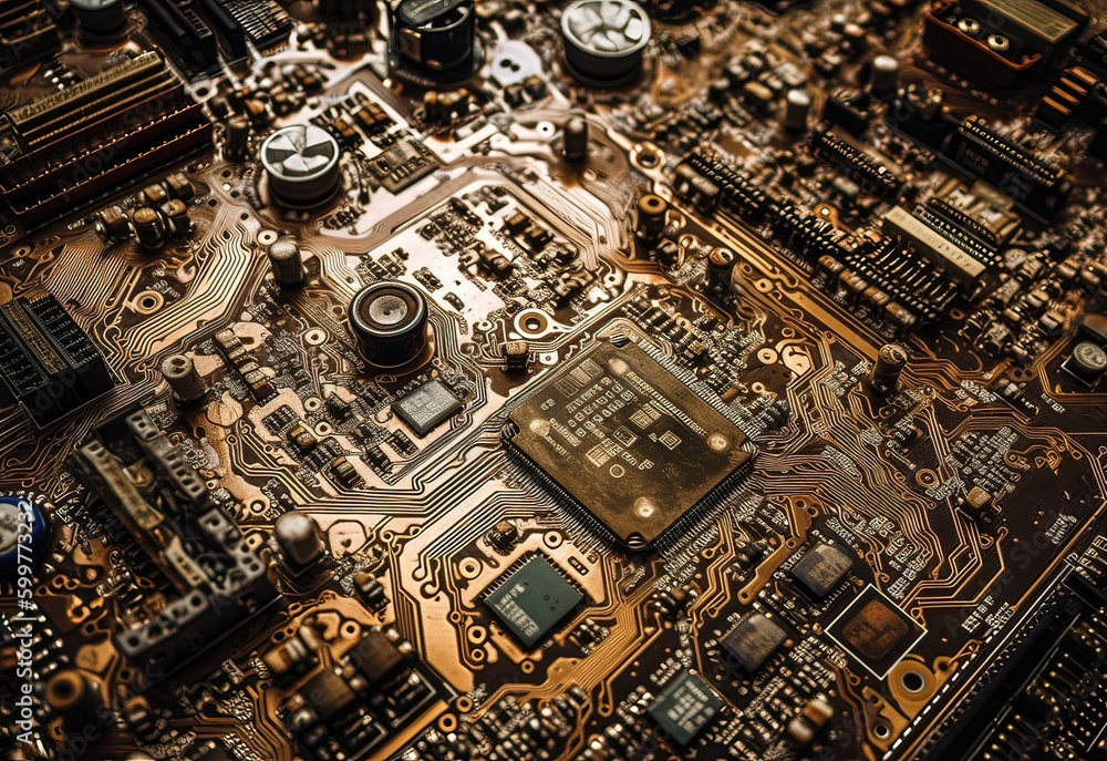 Close-up of old electronic circuit board. Technology and science background., Generative AI illustration Close-up of old electronic circuit board. Technology and science background., Generative AI illustration