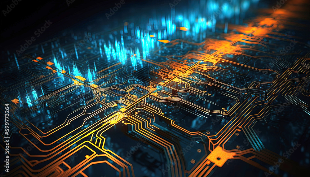 Close-up of electronic circuit board. Technology and science background., Generative AI illustration Close-up of electronic circuit board. Technology and science background., Generative AI illustration