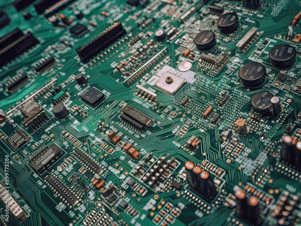Close-up of old electronic circuit board. Technology and science background., Generative AI illustration Close-up of old electronic circuit board. Technology and science background., Generative AI illustration