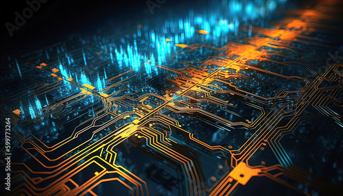 Close-up of electronic circuit board. Technology and science background., Generative AI illustration