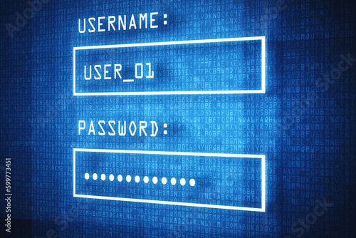 Cybersecurity, password or login information on a screen for access to an online technology database. Computer, safe or secure and user interface with autofill saved data in a bar for cloud computing photo