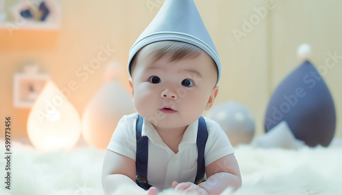 10 months old cute toddler boy sit on fury rug in playroom, generative ai photo