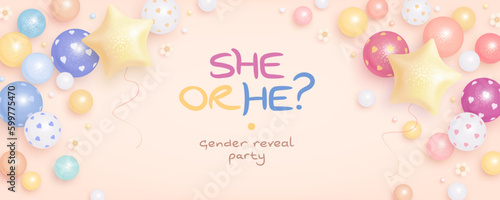 He or she. Cartoon gender reveal invitation template. Horizontal banner with helium balloons and flowers. Vector illustration