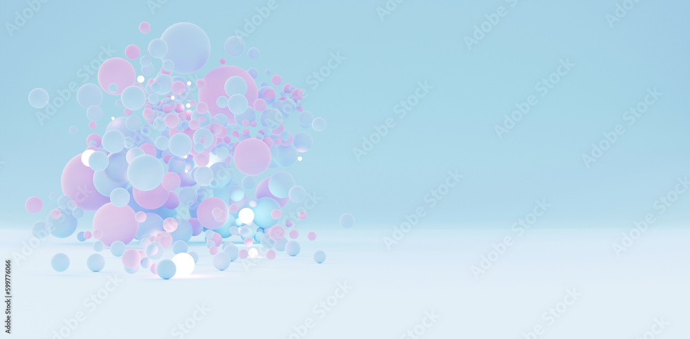 Creative gentle fashion background flying sphere shapes in pastel palette textured background scene pastel colored balls light colored beads pink and blue 3d illustration