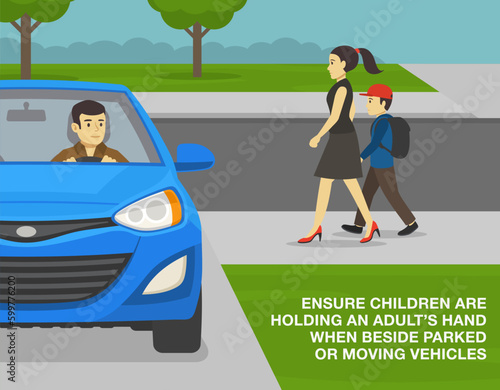 Pedestrian safety tips and rules. Boy holds an female adult's hand when beside parked or moving vehicle. Close-up of car moving reverse in the driveway. Flat vector illustration template.