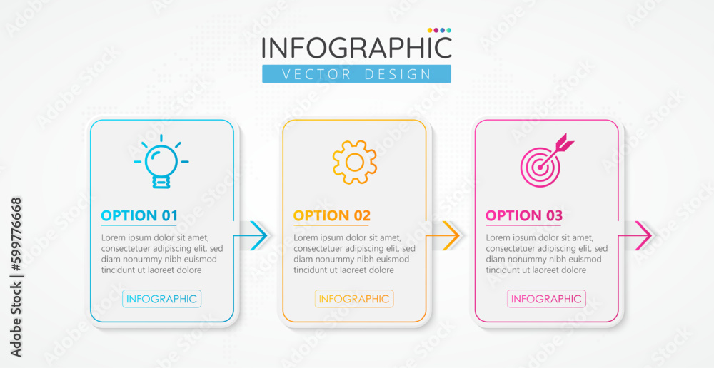 Infographic design square template with icons and 3 options or steps. Abstract elements of graph, diagram, parts or processes. Vector template for presentation.