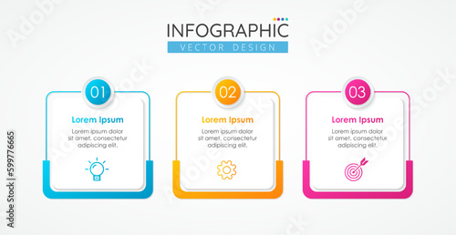 Business infographic design square template with icons and 3 options or steps. Abstract elements of graph, diagram, parts or processes. Vector template for presentation.
