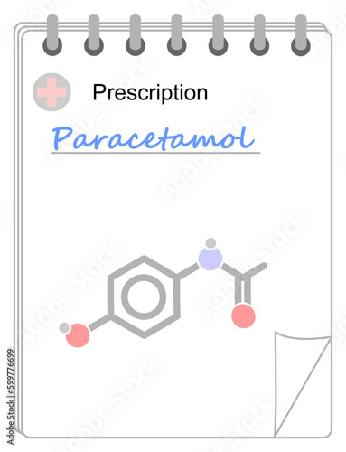 Medical prescription pad. Simplified formula icon of paracetamol.