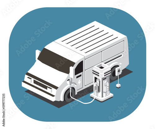 Isometric Electric Commercial Vehicle. White Van Charging at the Charger Station with a Plug in Cable on Blue Background.