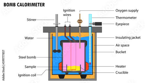 Diagram of the bomb calorimeter with labeled parts photo