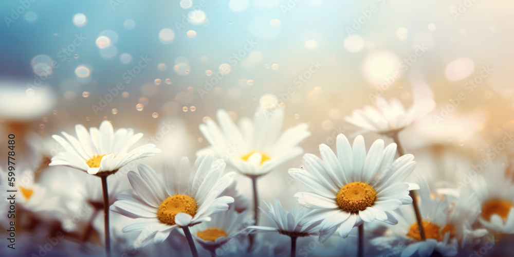 Chamomile flowers. White daisies. Spring flowers on a blue sky blurred background. Floral background for greeting card for Mother's day, Birthday, Women's day. Generative ai illustration