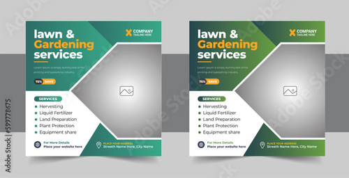Modern Lawn care and Gardening service social media post template design, Gardening and Landscaping service social media post design layout