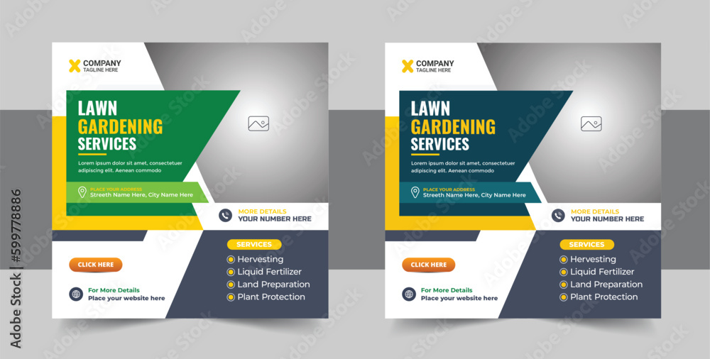 Modern gardening landscaping lawn mower social media post banner set with green background and web banner template, Smart Agriculture farming service social media banner