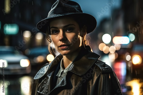 female detective in hat and coat on city street at night in style of film noir. Generative AI