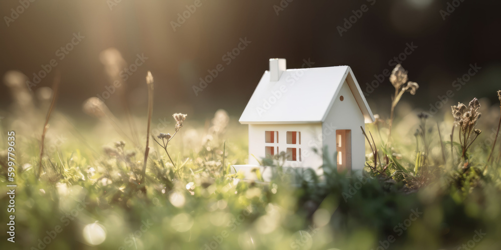 White wooden house against a on a green grass background. Environmentally eco-friendly real estate house. Property purchase concept. Generative ai illustration White wooden house against a on a green grass background. Environmentally eco-friendly real estate house. Property purchase concept. Generative ai illustration