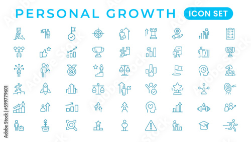 Vector set thin icons related to career progress, coaching, business people training, tutorship and professional consulting service. Mono line pictograms and infographics design elements