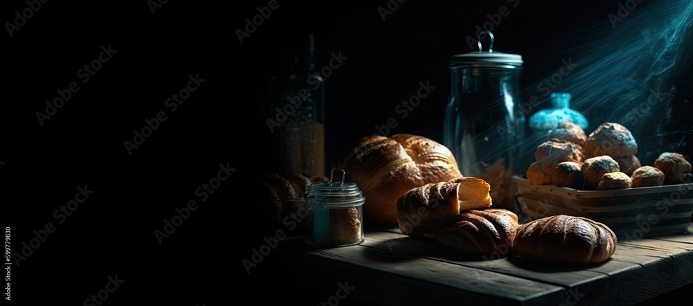 Freshly baked pastries and bread on rustic wooden table. generative ai