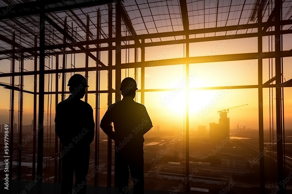 Silhouette of two engineers consult and inspect high-rise construction work over blurred industry background with Light fair - Generative AI