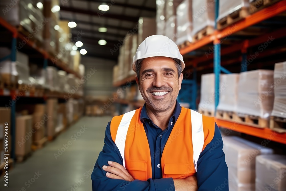 warehouse worker posing at work while smiling a the camera. Generative AI warehouse worker posing at work while smiling a the camera. Generative AI