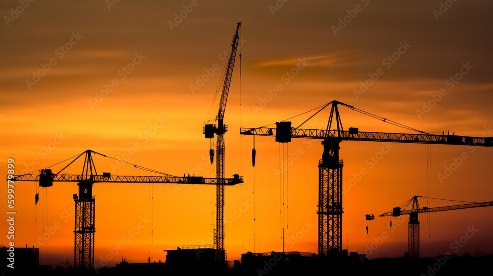 construction cranes silhouette on sunset - Generative AI