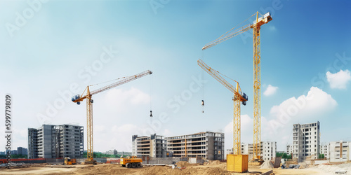 construction site and yellow crane on the background blue sky, panoramic  - Generative AI photo