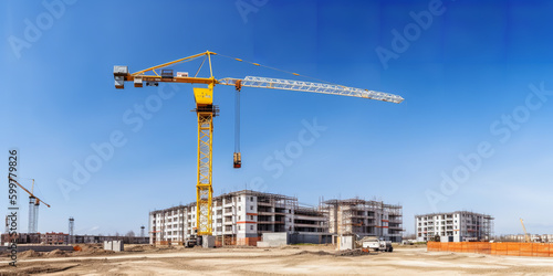 construction site and yellow crane on the background blue sky, panoramic mock-up - Generative AI
