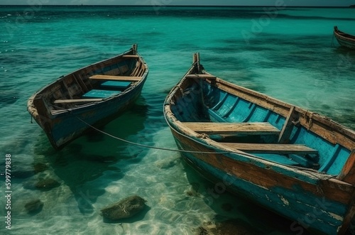 Barquitas viejas de pescadores atracadas en un mar azul turquesa
