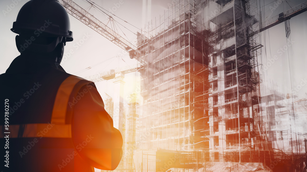 Future building construction engineering project devotion with double exposure graphic design. Building engineer working with modern civil equipment technology - Generative AI Future building construction engineering project devotion with double exposure graphic design. Building engineer working with modern civil equipment technology - Generative AI