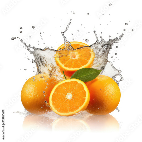 some whole and half oranges with splashing water